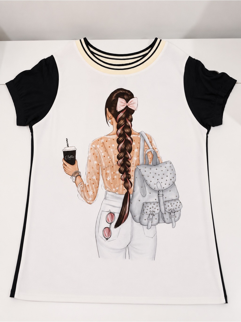 Women's White Graphic Tee with Black Sleeves - Fashion Illustration